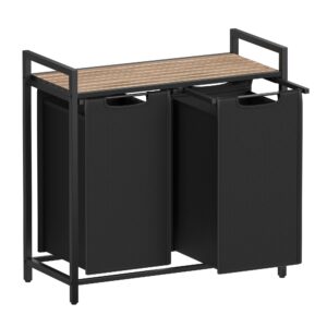 VASAGLE Szennyeskosár 2 rekesszel, kivehető szennyeszsákokkal, polccal, fémvázzal, 2x46 l, 73x33x72 cm, barna és fekete