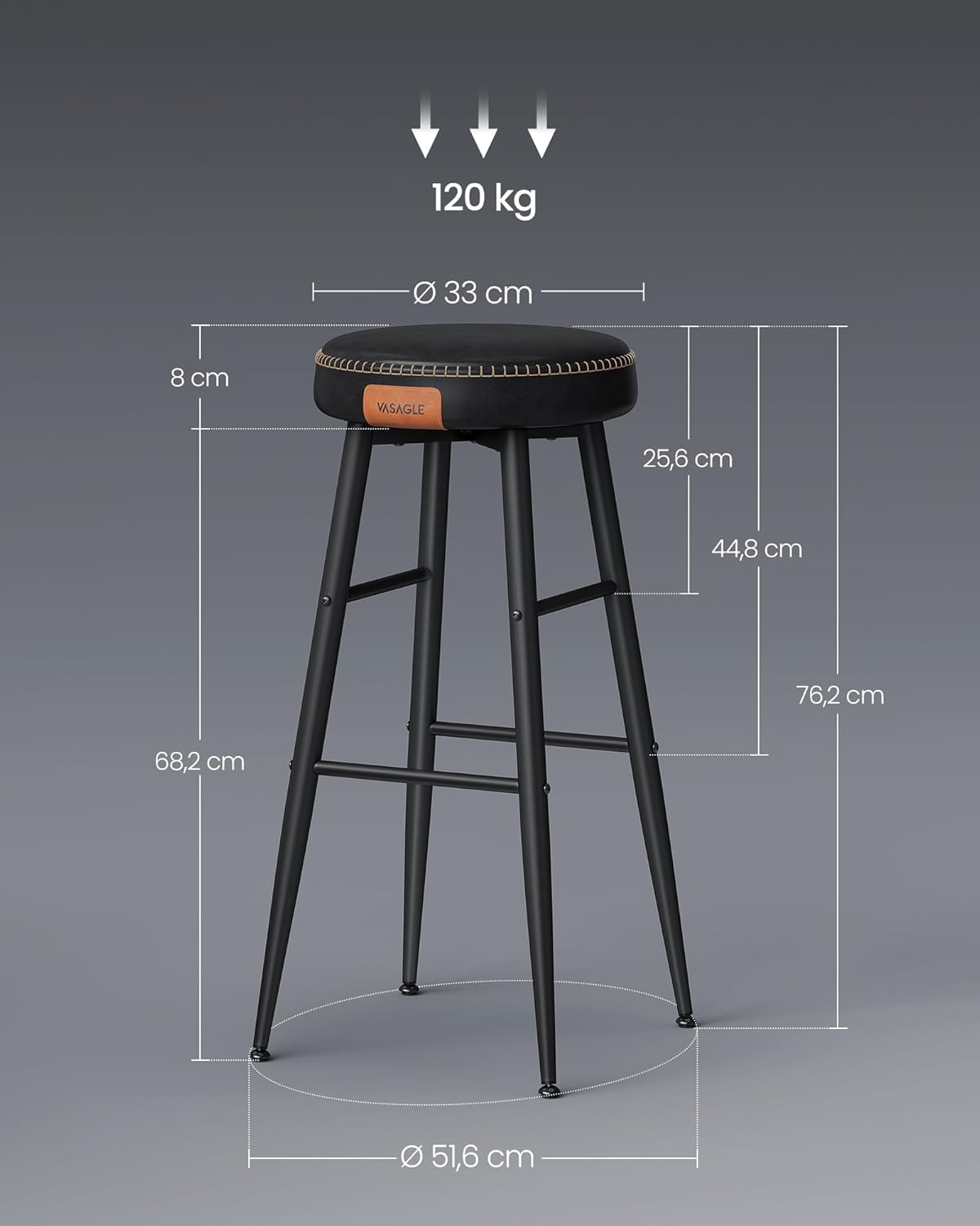VASAGLE Ekho 2 darabos bárszék szett, PU kárpitozással, 76 cm ülésmagassággal, 52x76 cm, fekete - Image 2