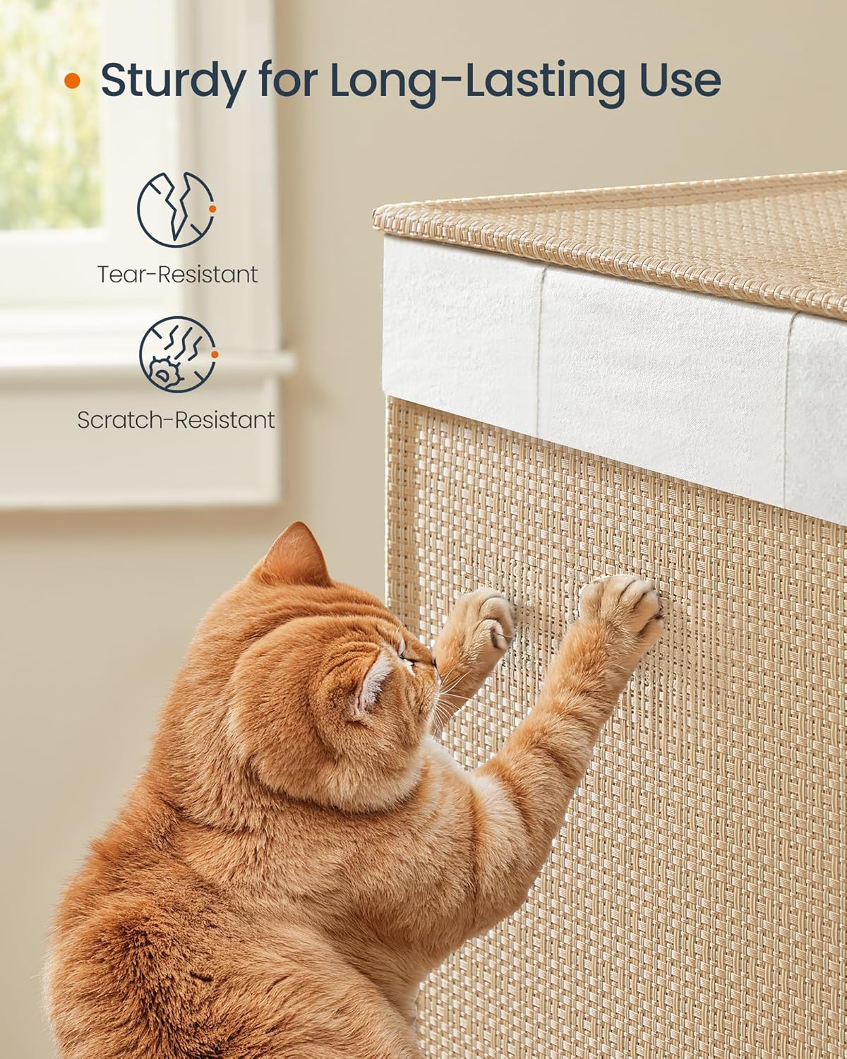 SONGMICS rattan hatású szennyeskosár, 140 l, 3 rekesszel és kerekekkel, 66x38x65 cm, natúr bézs - Image 4