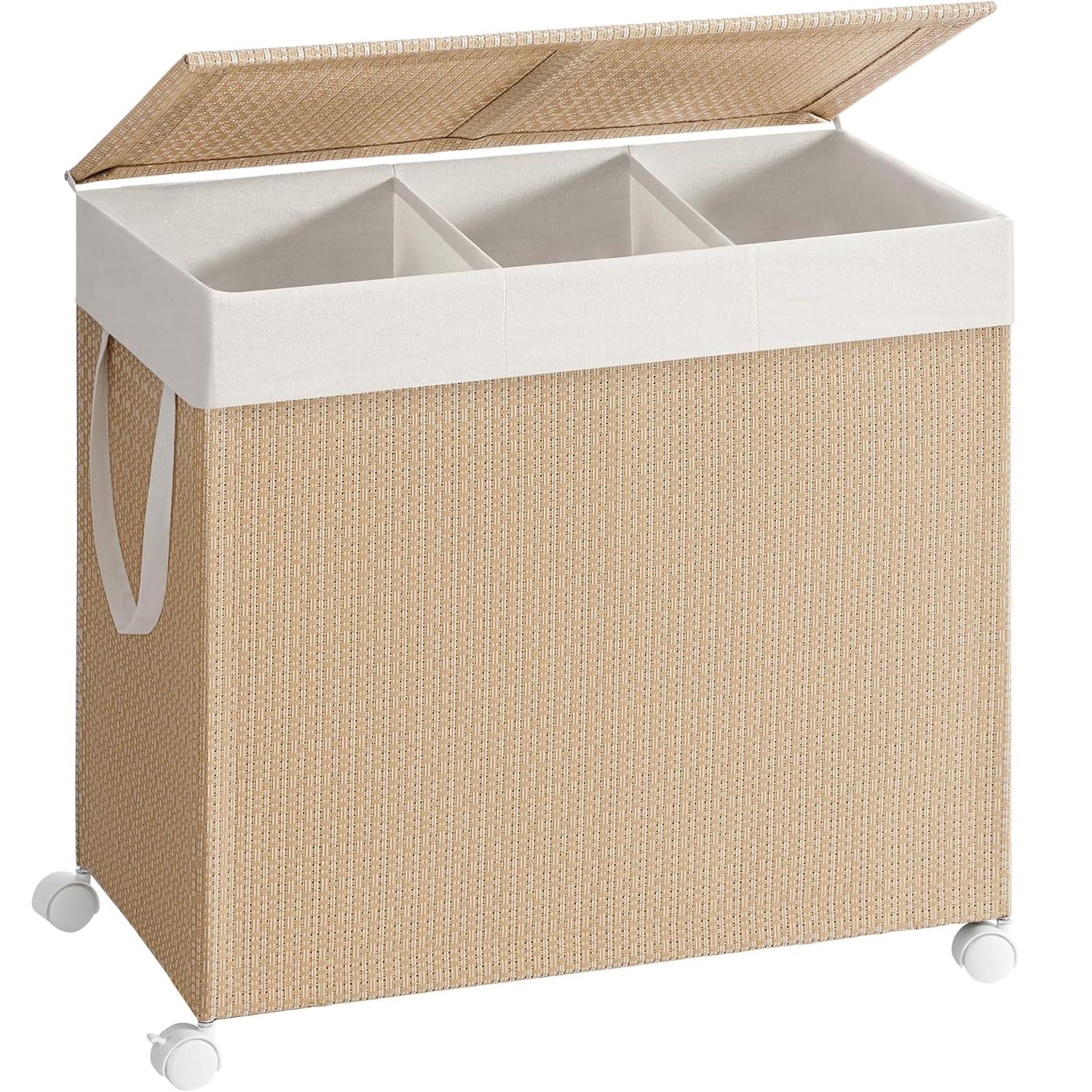 SONGMICS rattan hatású szennyeskosár, 140 l, 3 rekesszel és kerekekkel, 66x38x65 cm, natúr bézs