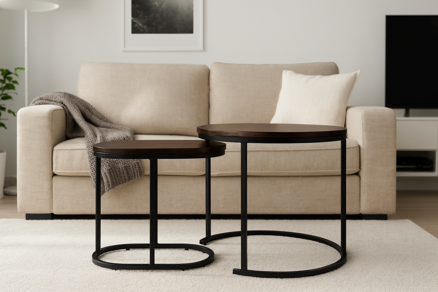 2 darabos egymásba tolható dohányzóasztal szett, MDF és fém, modern design, 60 cm és 50 cm, barna és fekete - Image 3