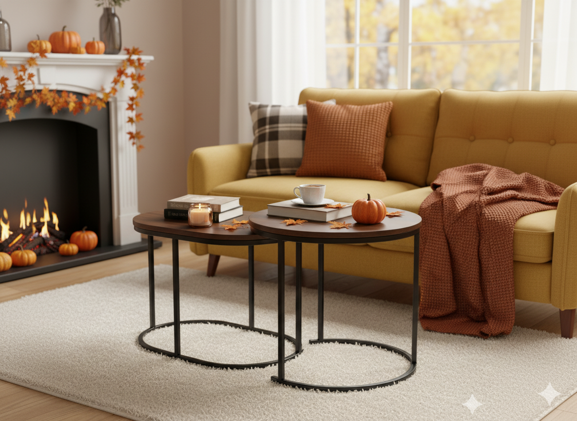 2 darabos egymásba tolható dohányzóasztal szett, MDF és fém, modern design, 60 cm és 50 cm, barna és fekete - Image 4