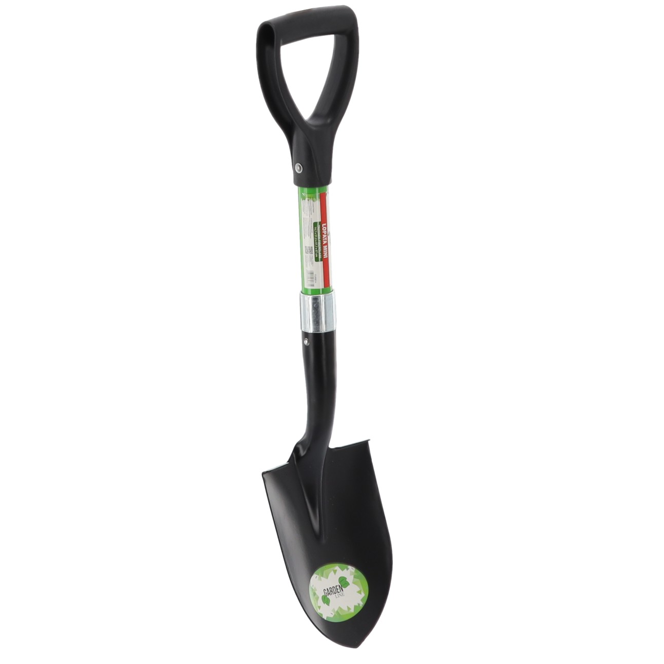 Mini lapát éles pengével, üvegszálas nyéllel, fém fejjel, 68 cm, D-típusú nyéllel, zöld és fekete