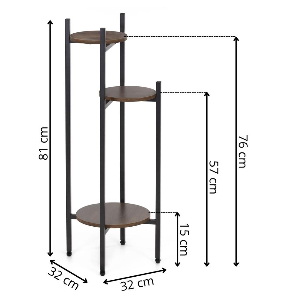 Virágtartó állvány, kerek, 3 polccal, fém és MDF szerkezet, 32x32x81 cm, fekete - Image 14
