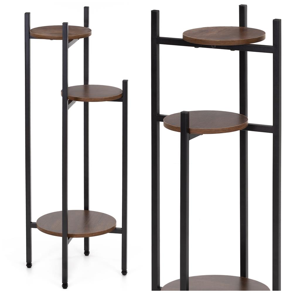 Virágtartó állvány, kerek, 3 polccal, fém és MDF szerkezet, 32x32x81 cm, fekete - Image 3