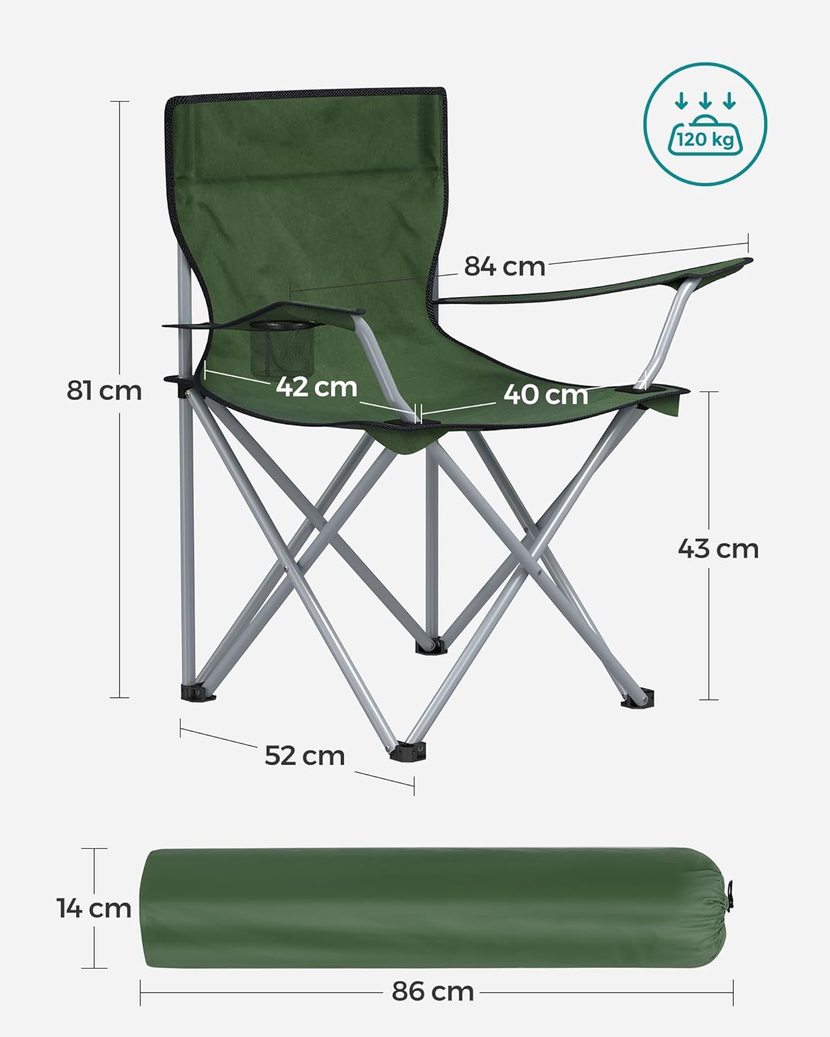 SONGMICS 2 db összecsukható kempingszék készlet italtartóval, hordtáskával, 52 × 84 × 81 cm, 120 kg teherbírás, zöld - Image 2