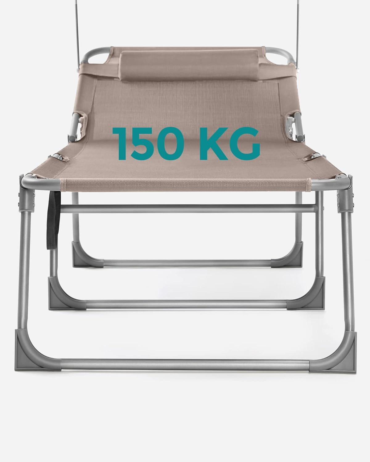 SONGMICS Összecsukható napozóágy napellenzővel és fejpárnával, 4 fokozatban állítható háttámlával, legfeljebb 150 kg teherbírással, 200 × 71 × 38 cm, taupe - Image 2