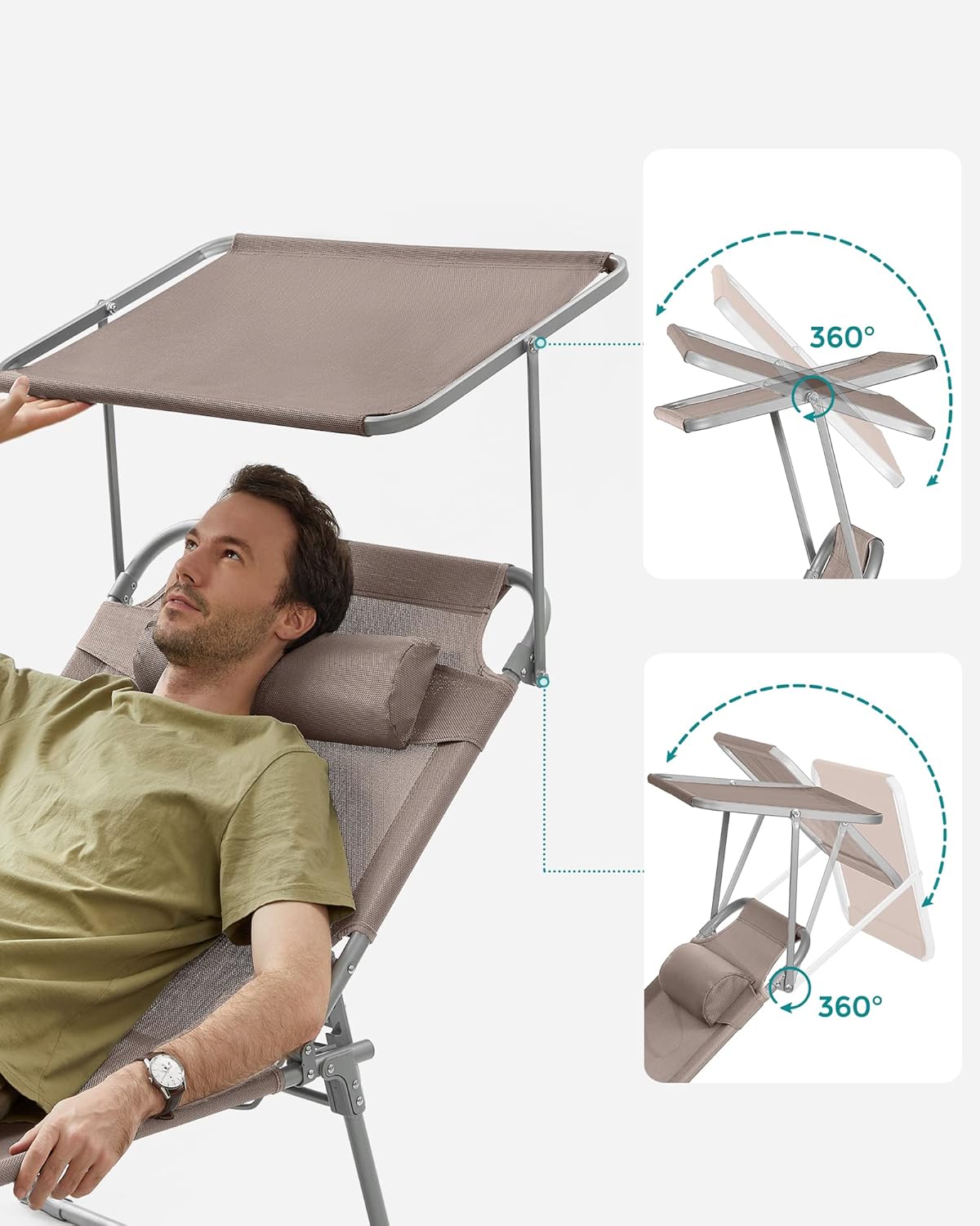 SONGMICS Összecsukható napozóágy napellenzővel és fejpárnával, 4 fokozatban állítható háttámlával, legfeljebb 150 kg teherbírással, 200 × 71 × 38 cm, taupe - Image 3