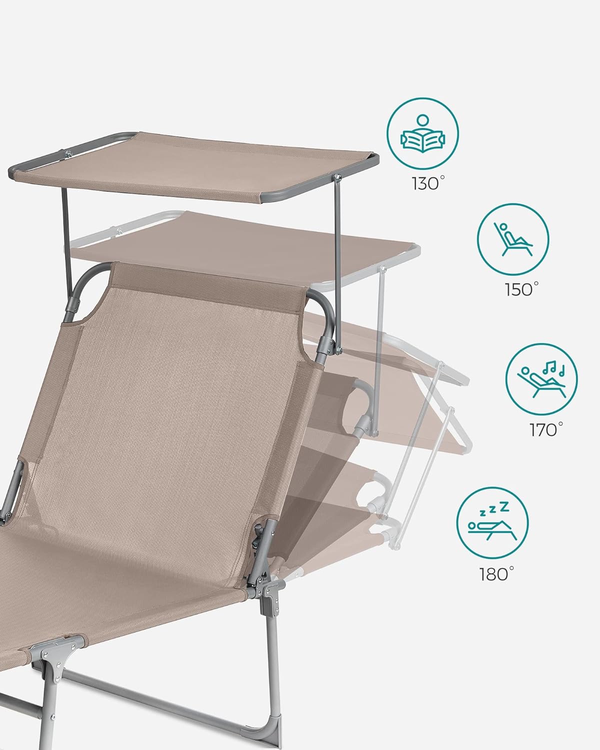 SONGMICS Összecsukható napozóágy napellenzővel és fejpárnával, 4 fokozatban állítható háttámlával, legfeljebb 150 kg teherbírással, 200 × 71 × 38 cm, taupe - Image 5