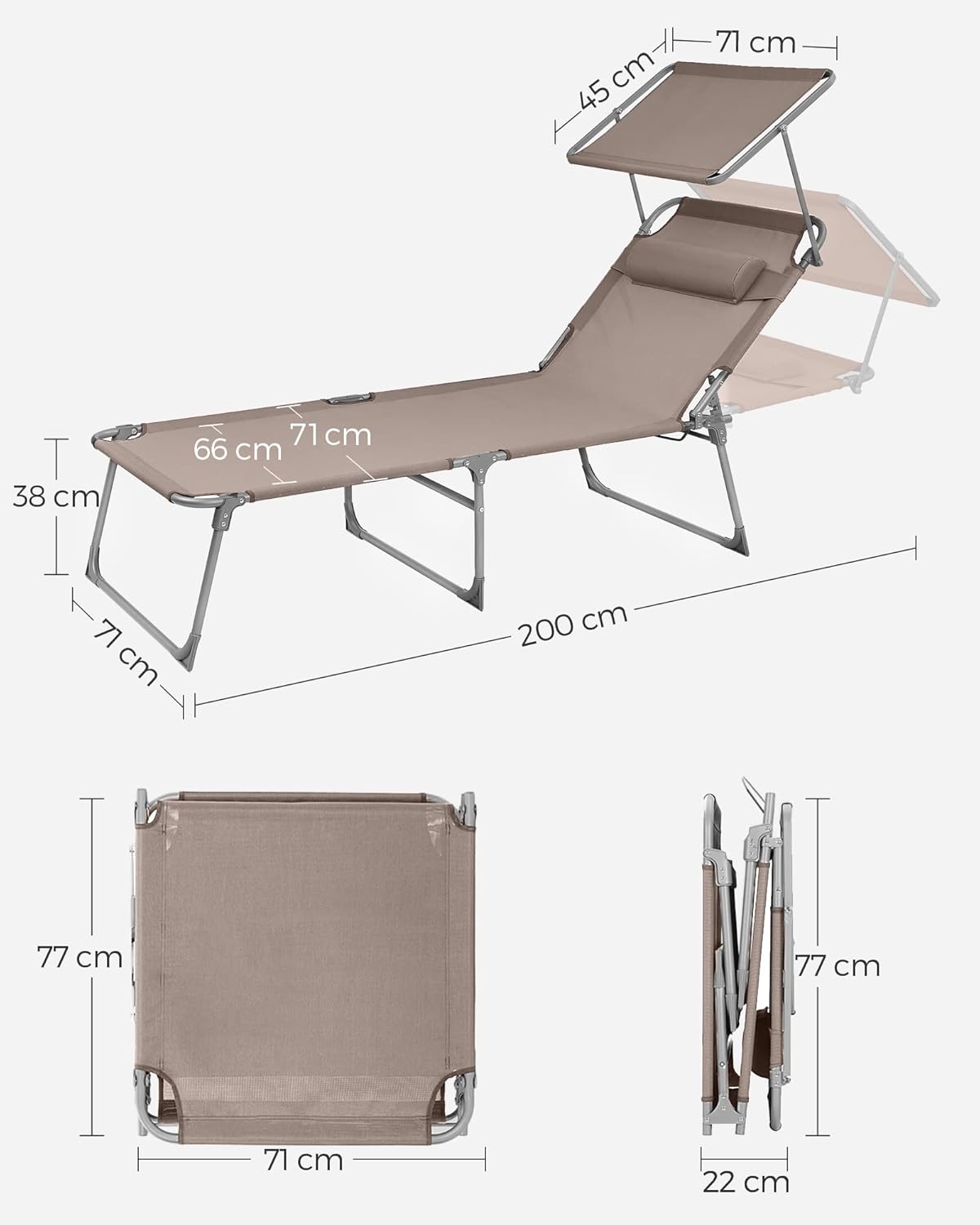 SONGMICS Összecsukható napozóágy napellenzővel és fejpárnával, 4 fokozatban állítható háttámlával, legfeljebb 150 kg teherbírással, 200 × 71 × 38 cm, taupe - Image 7