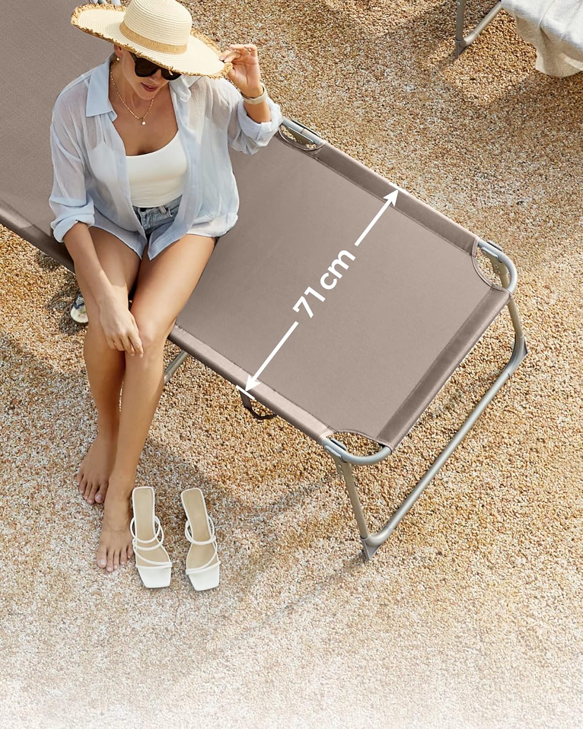 SONGMICS Összecsukható napozóágy napellenzővel és fejpárnával, 4 fokozatban állítható háttámlával, legfeljebb 150 kg teherbírással, 200 × 71 × 38 cm, taupe - Image 8