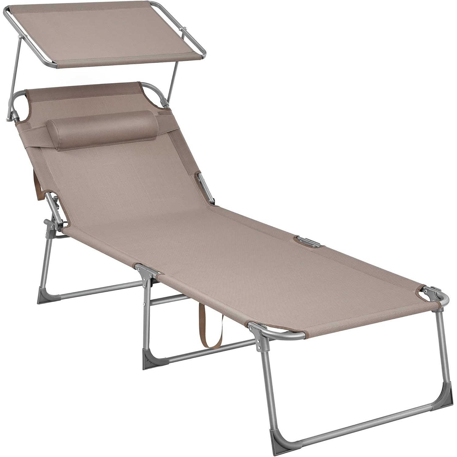 SONGMICS Összecsukható napozóágy napellenzővel és fejpárnával, 4 fokozatban állítható háttámlával, legfeljebb 150 kg teherbírással, 200 × 71 × 38 cm, taupe