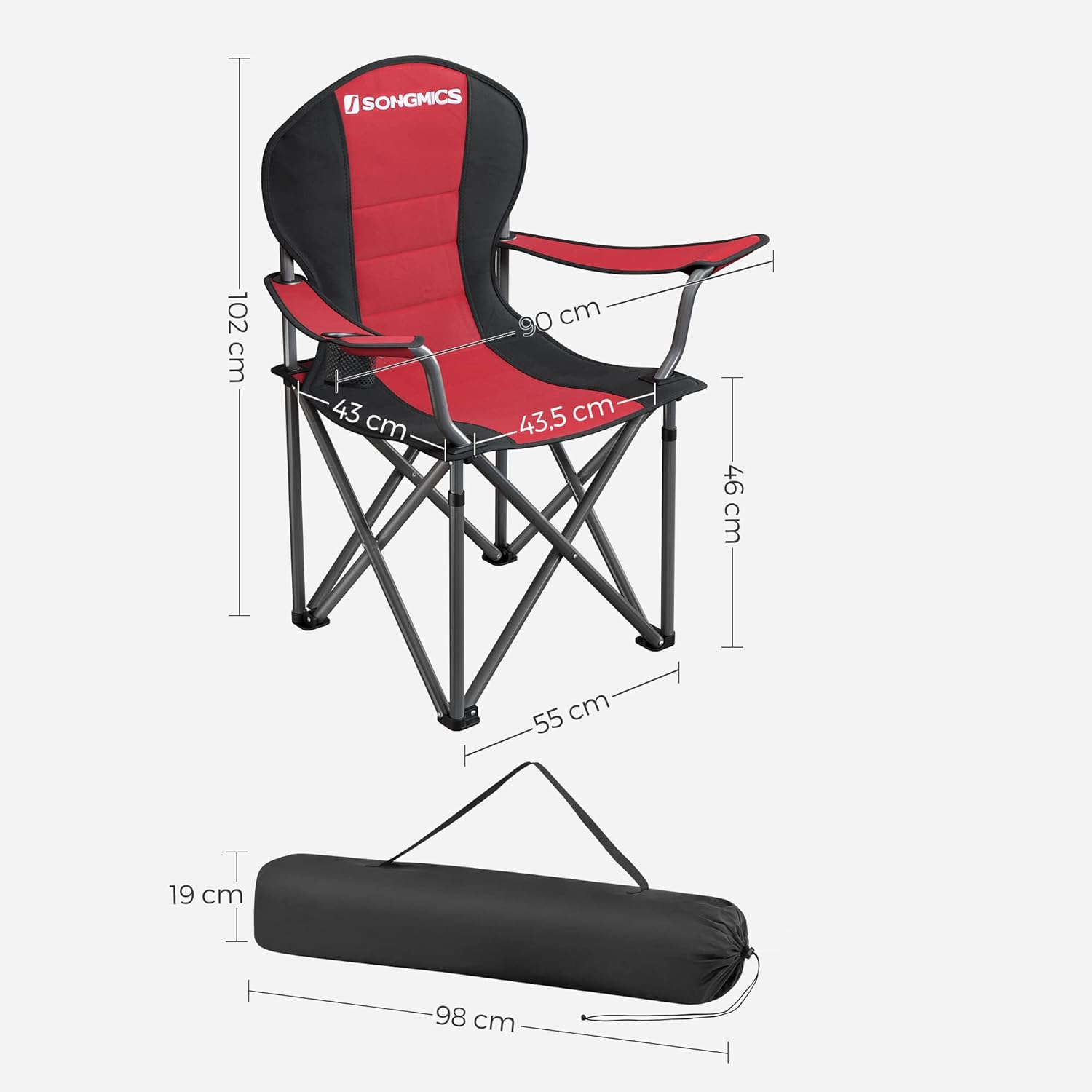 SONGMICS Összecsukható kempingszék párnázott ülőfelülettel, italtartóval és hordtáskával, 250 kg teherbírással, 90 × 55 × 102 cm, piros - Image 3