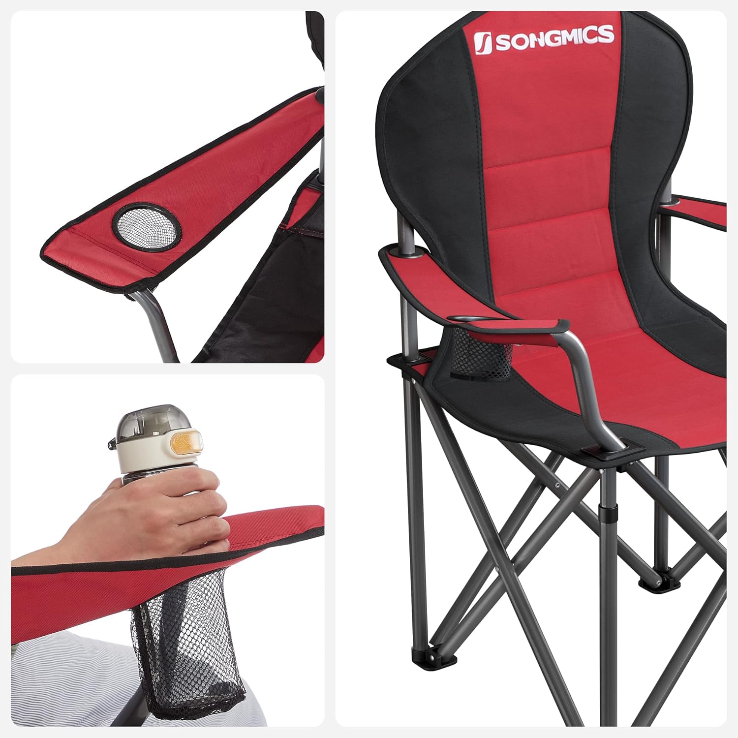 SONGMICS Összecsukható kempingszék párnázott ülőfelülettel, italtartóval és hordtáskával, 250 kg teherbírással, 90 × 55 × 102 cm, piros - Image 6