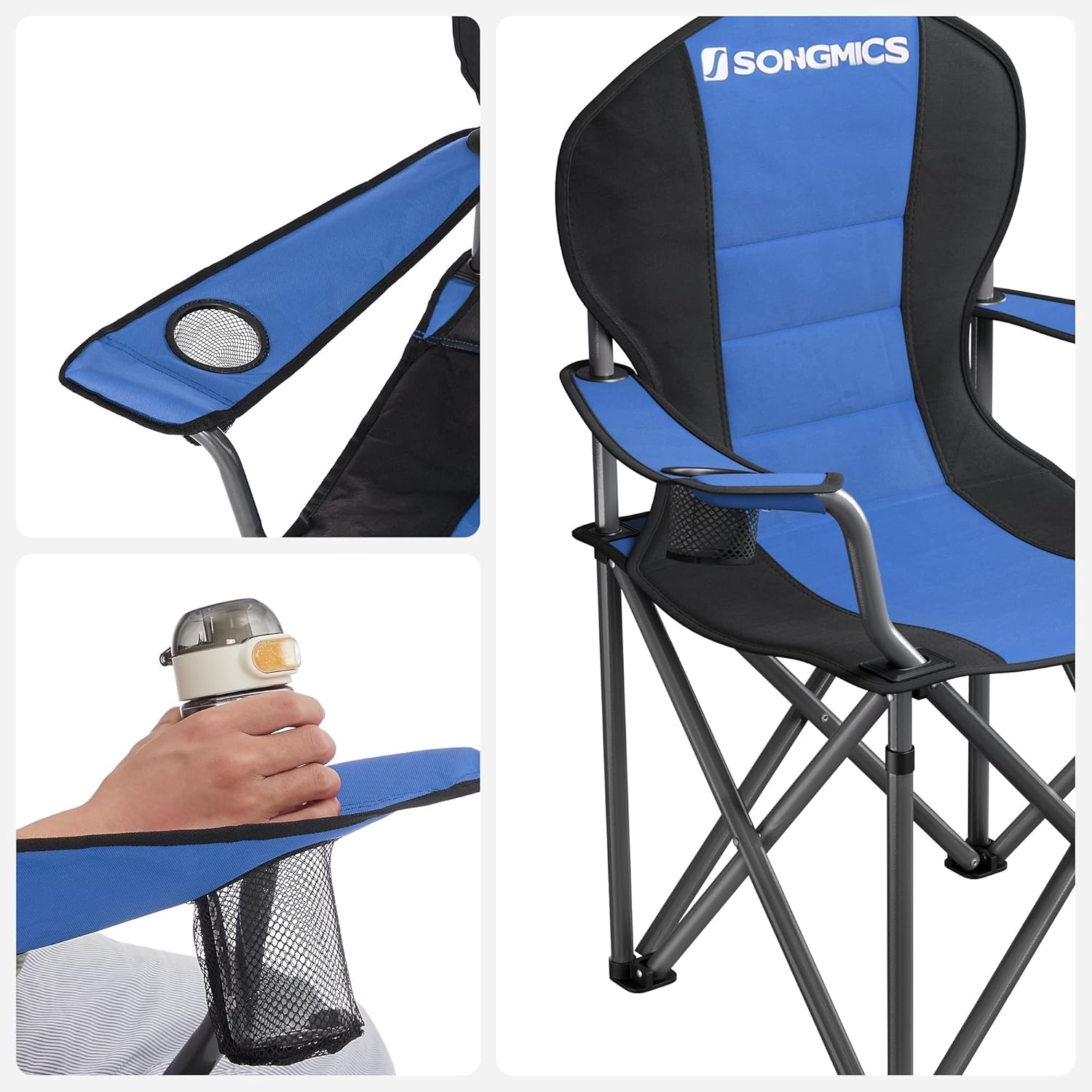 SONGMICS Összecsukható kempingszék párnázott ülőfelülettel, italtartóval és hordtáskával, 250 kg teherbírással, 90 × 55 × 102 cm, kék - Image 8