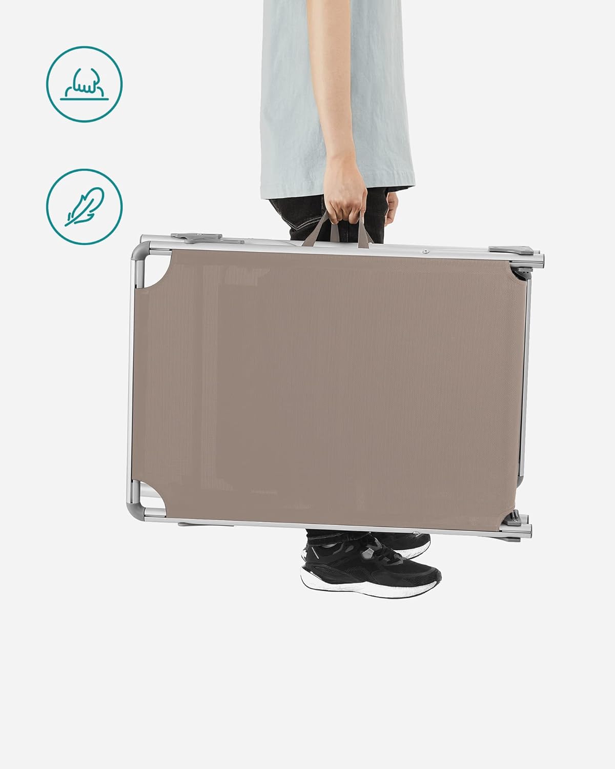 SONGMICS Összecsukható napozóágy napellenzővel, 5 fokozatban állítható háttámlával, legfeljebb 150 kg teherbírással, 193 × 55 × 31 cm, taupe - Image 2