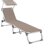 SONGMICS Összecsukható napozóágy napellenzővel, 5 fokozatban állítható háttámlával, legfeljebb 150 kg teherbírással, 193 × 55 × 31 cm, taupe
