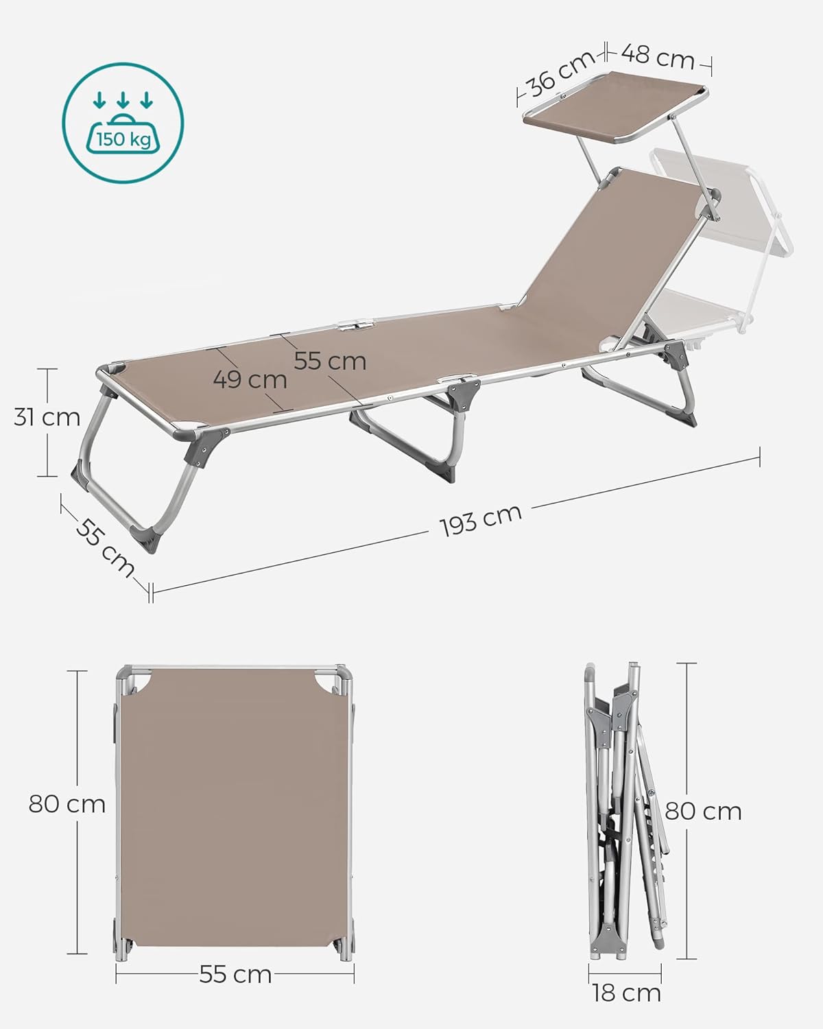 SONGMICS Összecsukható napozóágy napellenzővel, 5 fokozatban állítható háttámlával, legfeljebb 150 kg teherbírással, 193 × 55 × 31 cm, taupe - Image 3