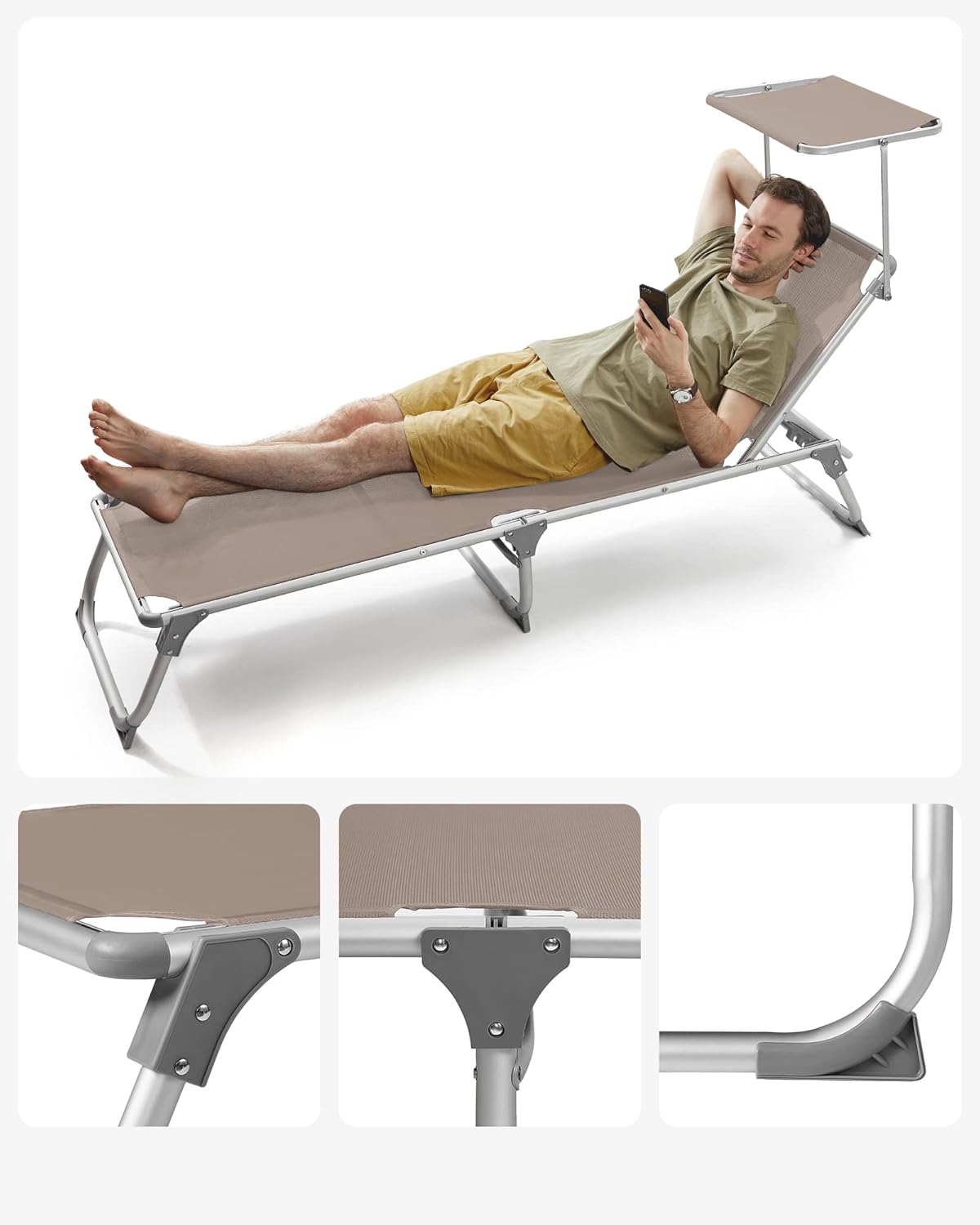 SONGMICS Összecsukható napozóágy napellenzővel, 5 fokozatban állítható háttámlával, legfeljebb 150 kg teherbírással, 193 × 55 × 31 cm, taupe - Image 4