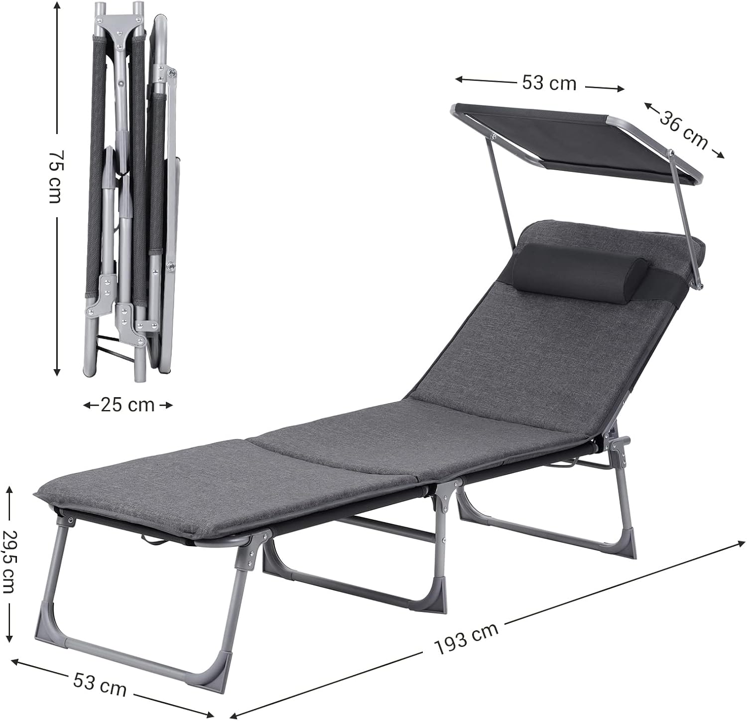 SONGMICS Összecsukható napozóágy matraccal, napellenzővel és fejpárnával, 4 fokozatban állítható háttámlával, legfeljebb 150 kg teherbírással, 193 × 53 × 30 cm, szürke - Image 3