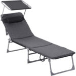 SONGMICS Összecsukható napozóágy matraccal, napellenzővel és fejpárnával, 4 fokozatban állítható háttámlával, legfeljebb 150 kg teherbírással, 193 × 53 × 30 cm, szürke