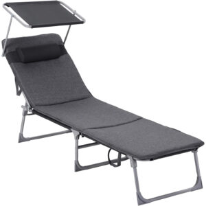 SONGMICS Összecsukható napozóágy matraccal, napellenzővel és fejpárnával, 4 fokozatban állítható háttámlával, legfeljebb 150 kg teherbírással, 193 × 53 × 30 cm, szürke