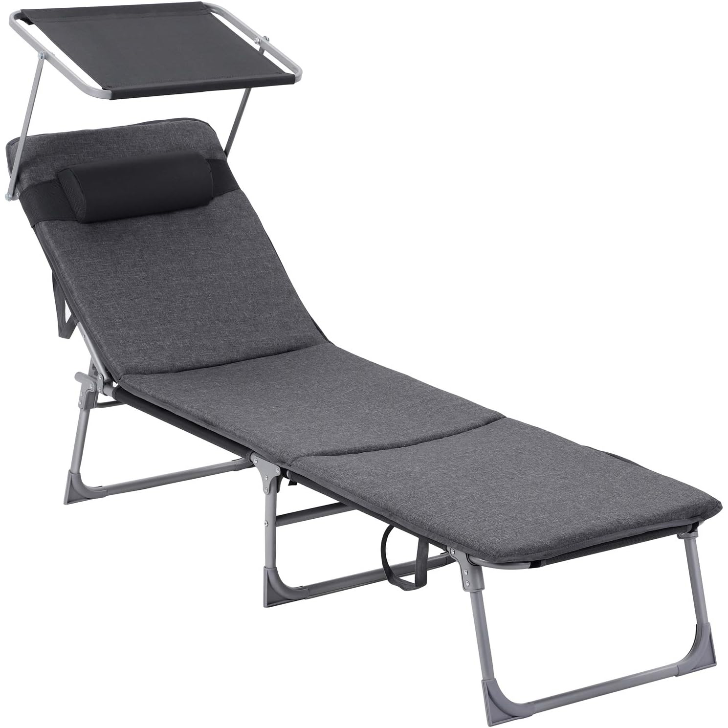 SONGMICS Összecsukható napozóágy matraccal, napellenzővel és fejpárnával, 4 fokozatban állítható háttámlával, legfeljebb 150 kg teherbírással, 193 × 53 × 30 cm, szürke