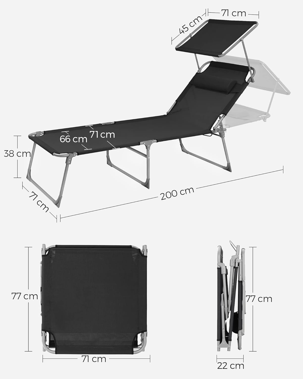 SONGMICS Összecsukható napozóágy napellenzővel és fejpárnával, 4 fokozatban állítható háttámlával, legfeljebb 150 kg teherbírással, 200 × 71 × 38 cm, fekete - Image 2