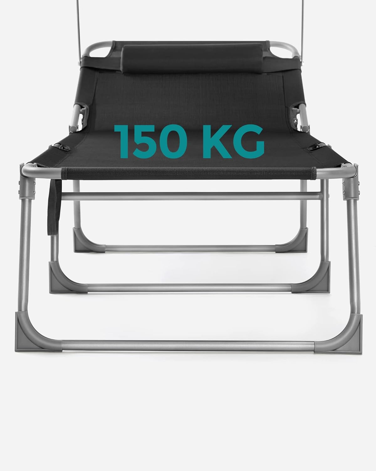 SONGMICS Összecsukható napozóágy napellenzővel és fejpárnával, 4 fokozatban állítható háttámlával, legfeljebb 150 kg teherbírással, 200 × 71 × 38 cm, fekete - Image 3