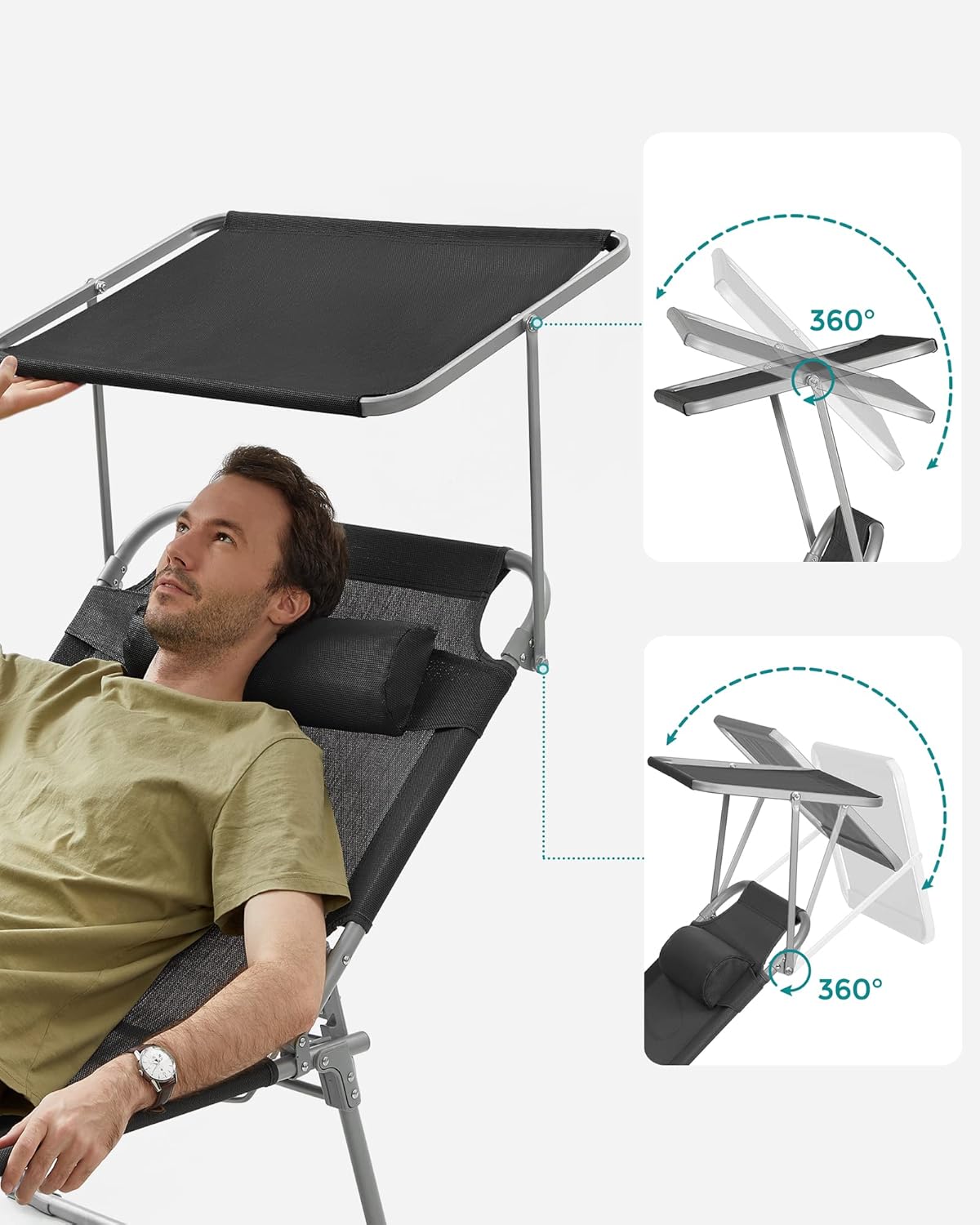 SONGMICS Összecsukható napozóágy napellenzővel és fejpárnával, 4 fokozatban állítható háttámlával, legfeljebb 150 kg teherbírással, 200 × 71 × 38 cm, fekete - Image 4