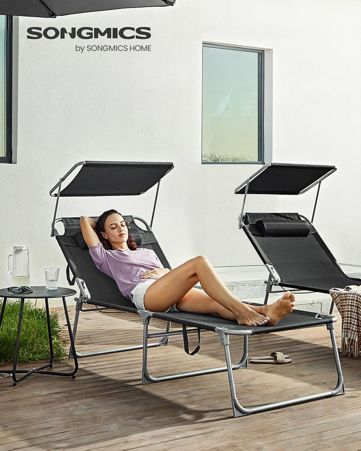 SONGMICS Összecsukható napozóágy napellenzővel és fejpárnával, 4 fokozatban állítható háttámlával, legfeljebb 150 kg teherbírással, 200 × 71 × 38 cm, fekete - Image 5