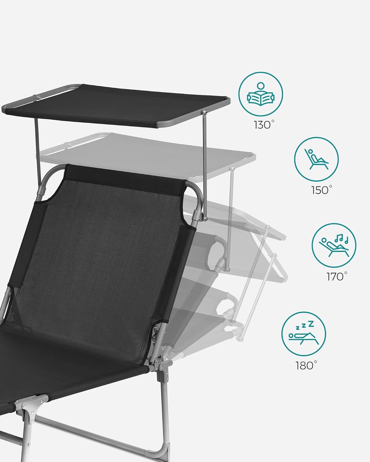 SONGMICS Összecsukható napozóágy napellenzővel és fejpárnával, 4 fokozatban állítható háttámlával, legfeljebb 150 kg teherbírással, 200 × 71 × 38 cm, fekete - Image 8