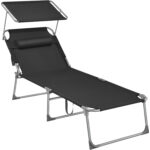 SONGMICS Összecsukható napozóágy napellenzővel és fejpárnával, 4 fokozatban állítható háttámlával, legfeljebb 150 kg teherbírással, 200 × 71 × 38 cm, fekete