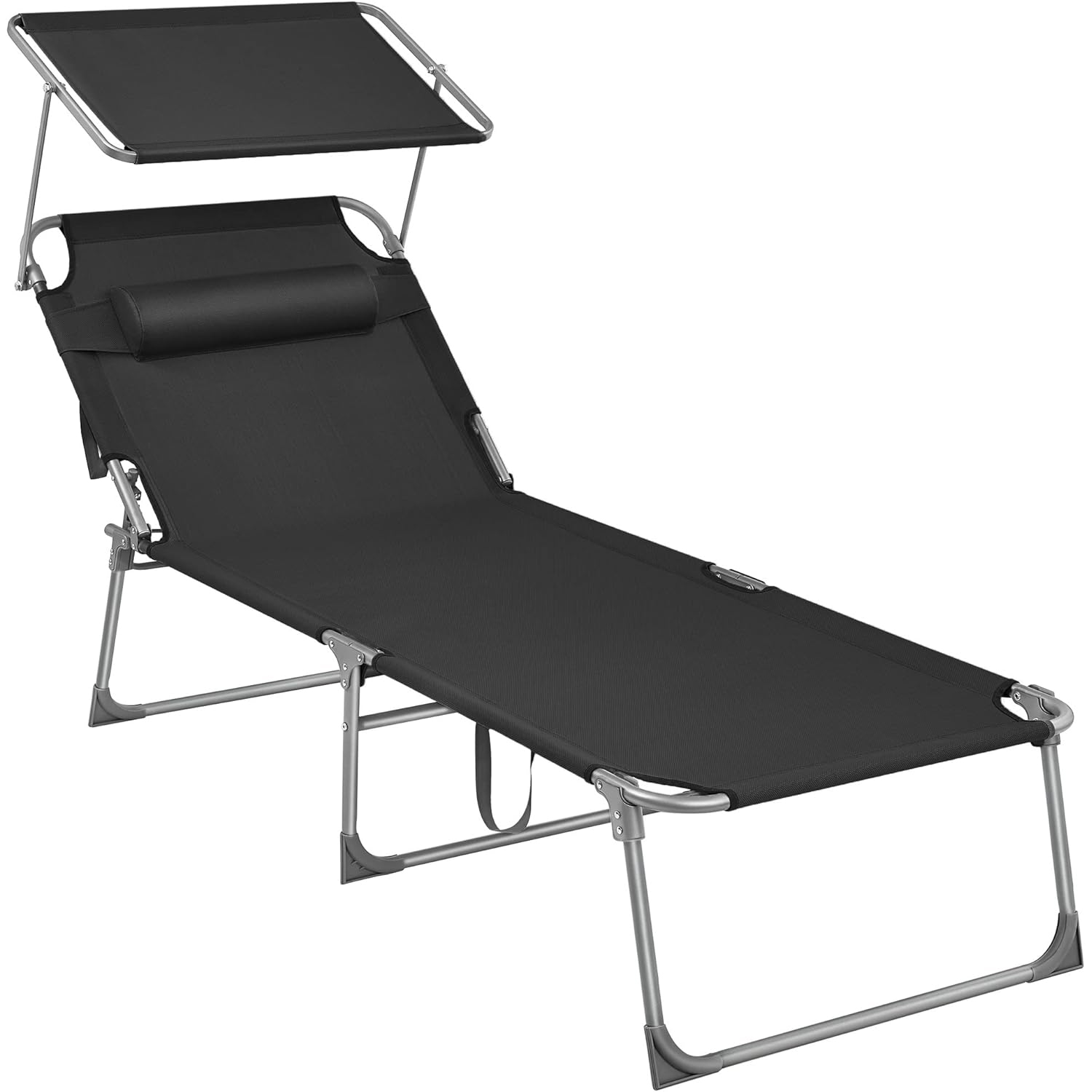 SONGMICS Összecsukható napozóágy napellenzővel és fejpárnával, 4 fokozatban állítható háttámlával, legfeljebb 150 kg teherbírással, 200 × 71 × 38 cm, fekete