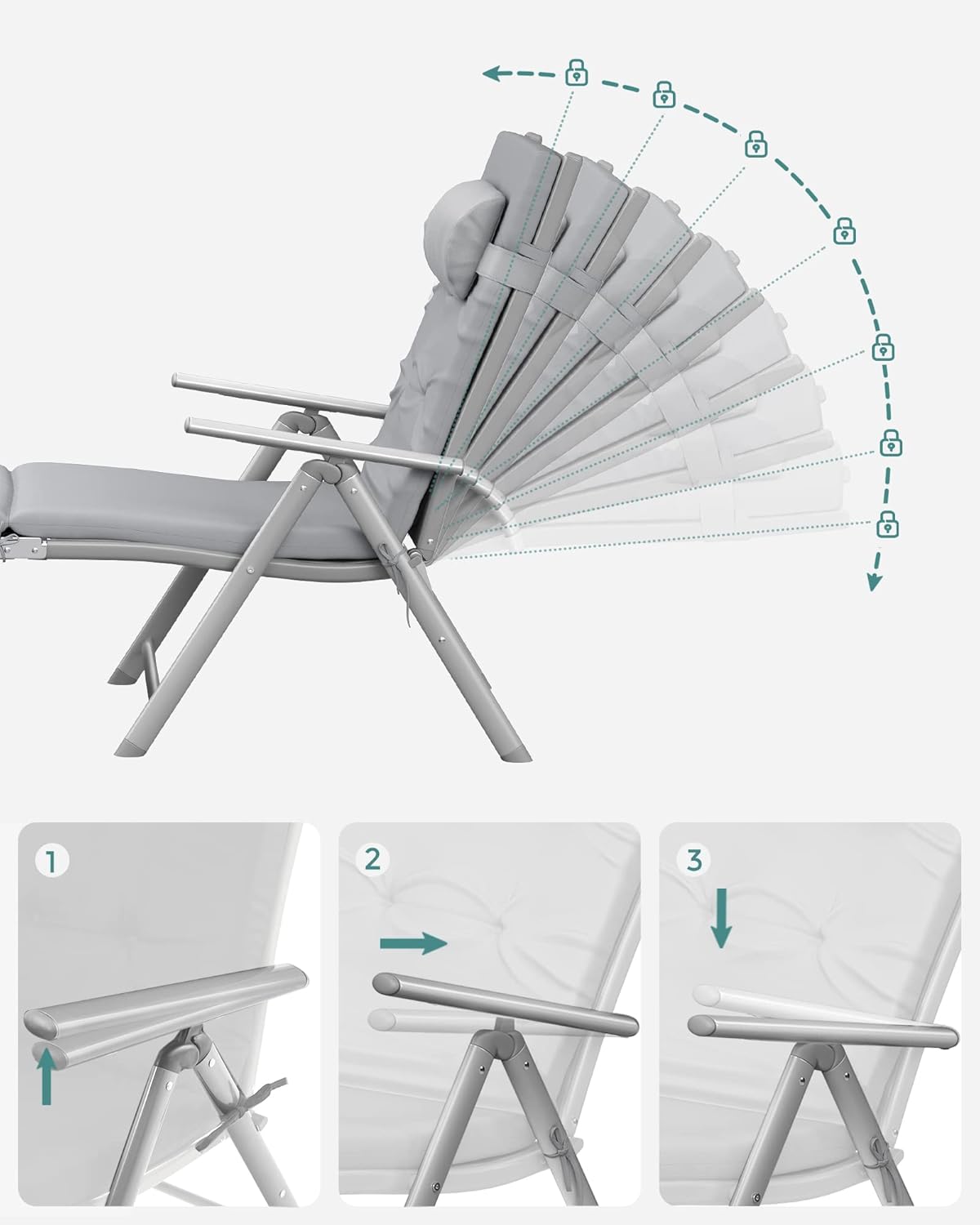 SONGMICS Összecsukható napozóágy vastag matraccal és fejpárnával, állítható háttámlával, legfeljebb 150 kg teherbírással, 183 × 60 × 39 cm, szürke - Image 2