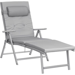 SONGMICS Összecsukható napozóágy vastag matraccal és fejpárnával, állítható háttámlával, legfeljebb 150 kg teherbírással, 183 × 60 × 39 cm, szürke
