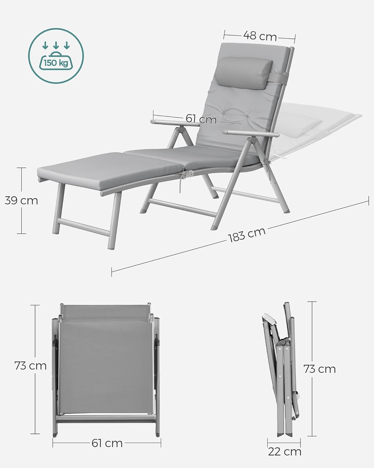 SONGMICS Összecsukható napozóágy vastag matraccal és fejpárnával, állítható háttámlával, legfeljebb 150 kg teherbírással, 183 × 60 × 39 cm, szürke - Image 3