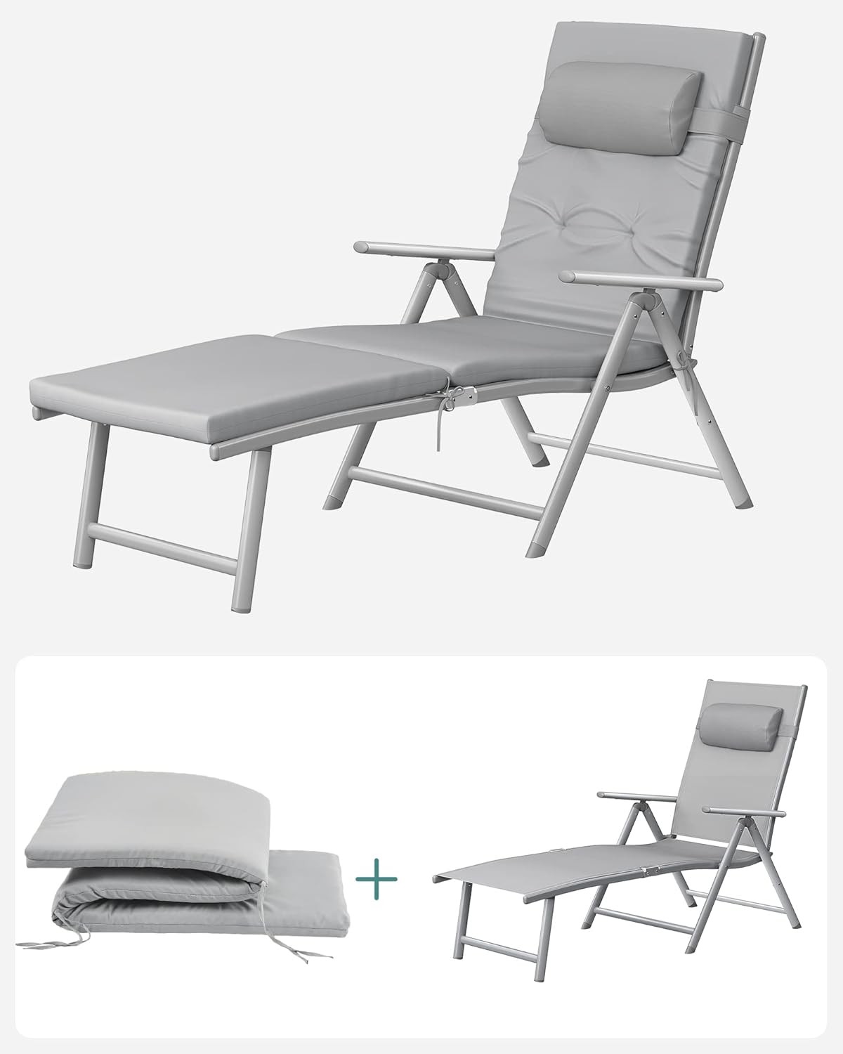 SONGMICS Összecsukható napozóágy vastag matraccal és fejpárnával, állítható háttámlával, legfeljebb 150 kg teherbírással, 183 × 60 × 39 cm, szürke - Image 4