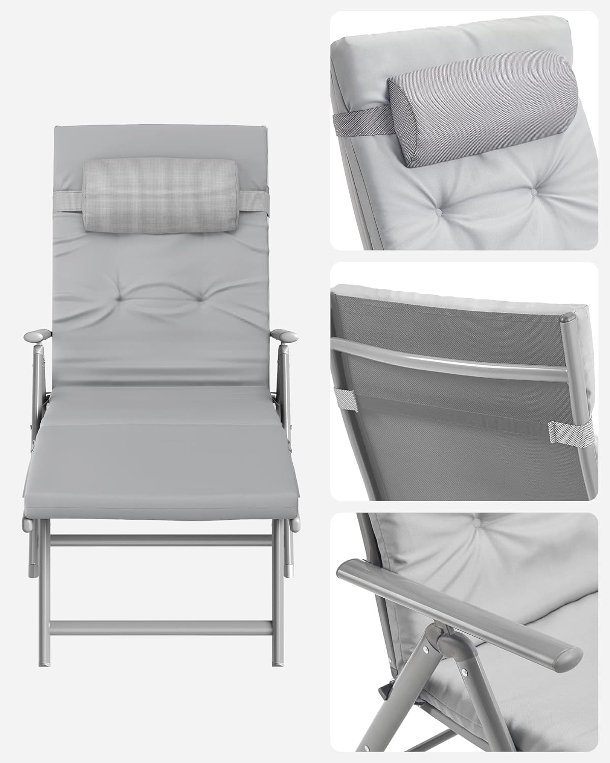 SONGMICS Összecsukható napozóágy vastag matraccal és fejpárnával, állítható háttámlával, legfeljebb 150 kg teherbírással, 183 × 60 × 39 cm, szürke - Image 5