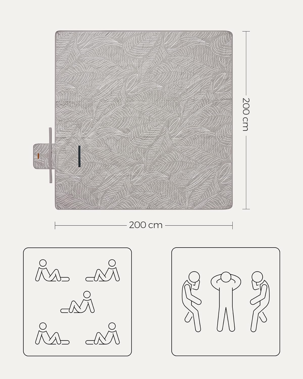 SONGMICS Vízálló pikniktakaró 200 × 200 cm, rögzítő cövekekkel, összecsukható, mosható, többrétegű, khaki trópusi mintával - Image 5
