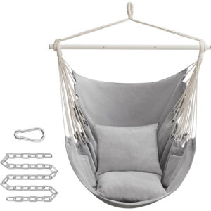 SONGMICS Függő fotel függőágy kivitelben, 2 párnával, lánccal és karabinerrel, 150 × 128 cm, szürke