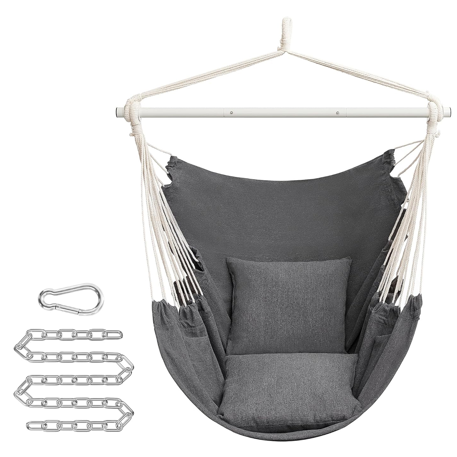SONGMICS Függő fotel függőágy kivitelben, 2 párnával, lánccal és karabinerrel, 150 × 128 cm, sötétszürke
