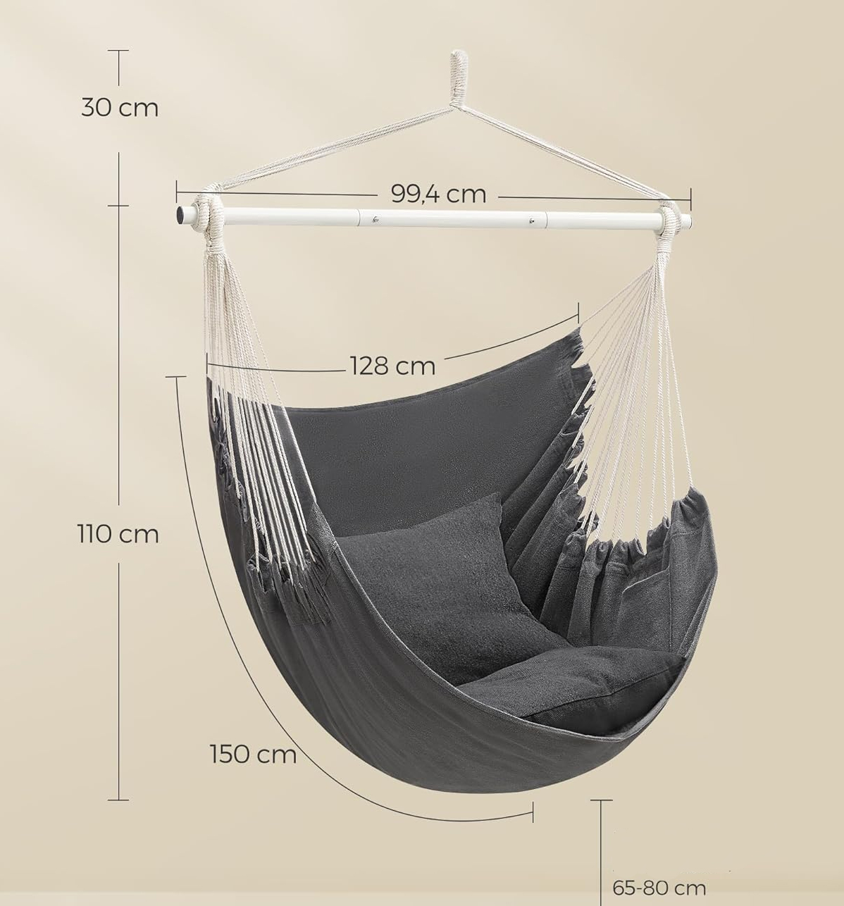 SONGMICS Függő fotel függőágy kivitelben, 2 párnával, lánccal és karabinerrel, 150 × 128 cm, sötétszürke - Image 5