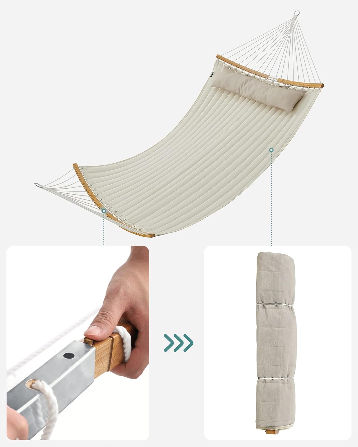 SONGMICS Kétszemélyes függőágy ívelt bambusz merevítőrudakkal, párnával, legfeljebb 225 kg teherbírással, 200 × 140 cm, krémszínű - Image 2