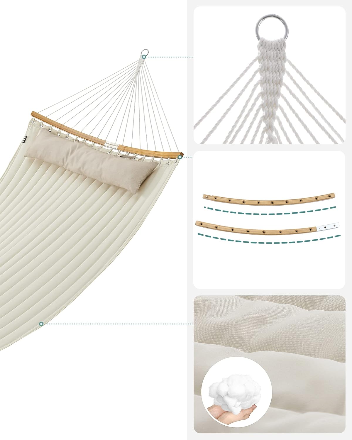 SONGMICS Kétszemélyes függőágy ívelt bambusz merevítőrudakkal, párnával, legfeljebb 225 kg teherbírással, 200 × 140 cm, krémszínű - Image 3