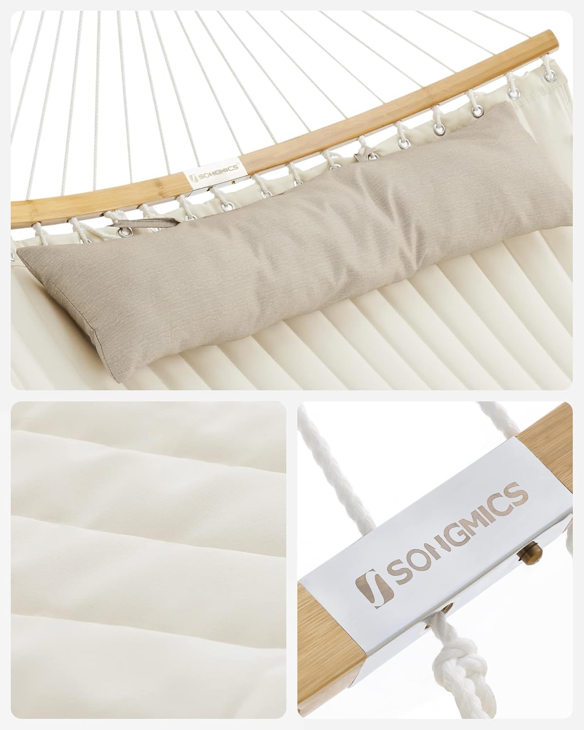 SONGMICS Kétszemélyes függőágy ívelt bambusz merevítőrudakkal, párnával, legfeljebb 225 kg teherbírással, 200 × 140 cm, krémszínű - Image 4