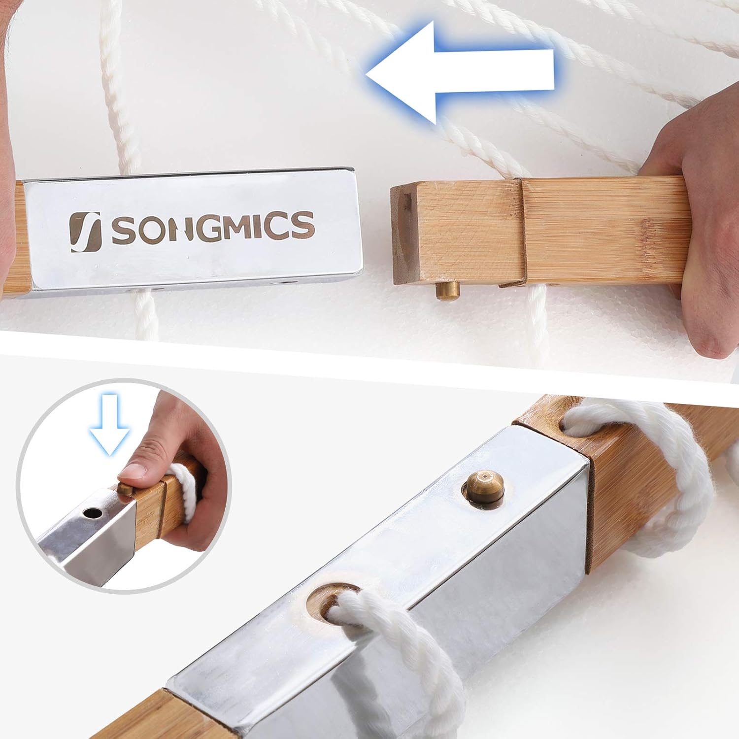 SONGMICS Kétszemélyes függőágy ívelt bambusz merevítőrudakkal, párnával, legfeljebb 225 kg teherbírással, 200 × 140 cm, krémszínű - Image 5
