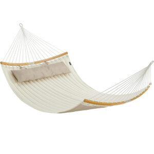 SONGMICS Kétszemélyes függőágy ívelt bambusz merevítőrudakkal, párnával, legfeljebb 225 kg teherbírással, 200 × 140 cm, krémszínű