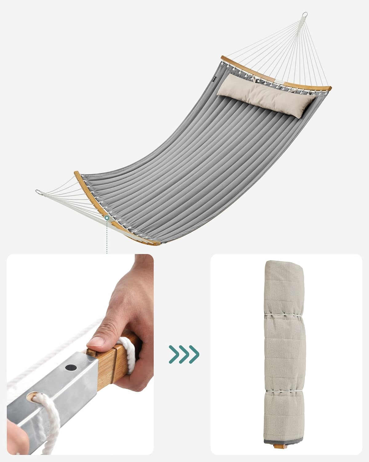 SONGMICS Kétszemélyes függőágy ívelt bambusz merevítőrudakkal, párnával, legfeljebb 225 kg teherbírással, 200 × 140 cm, szürke - Image 2