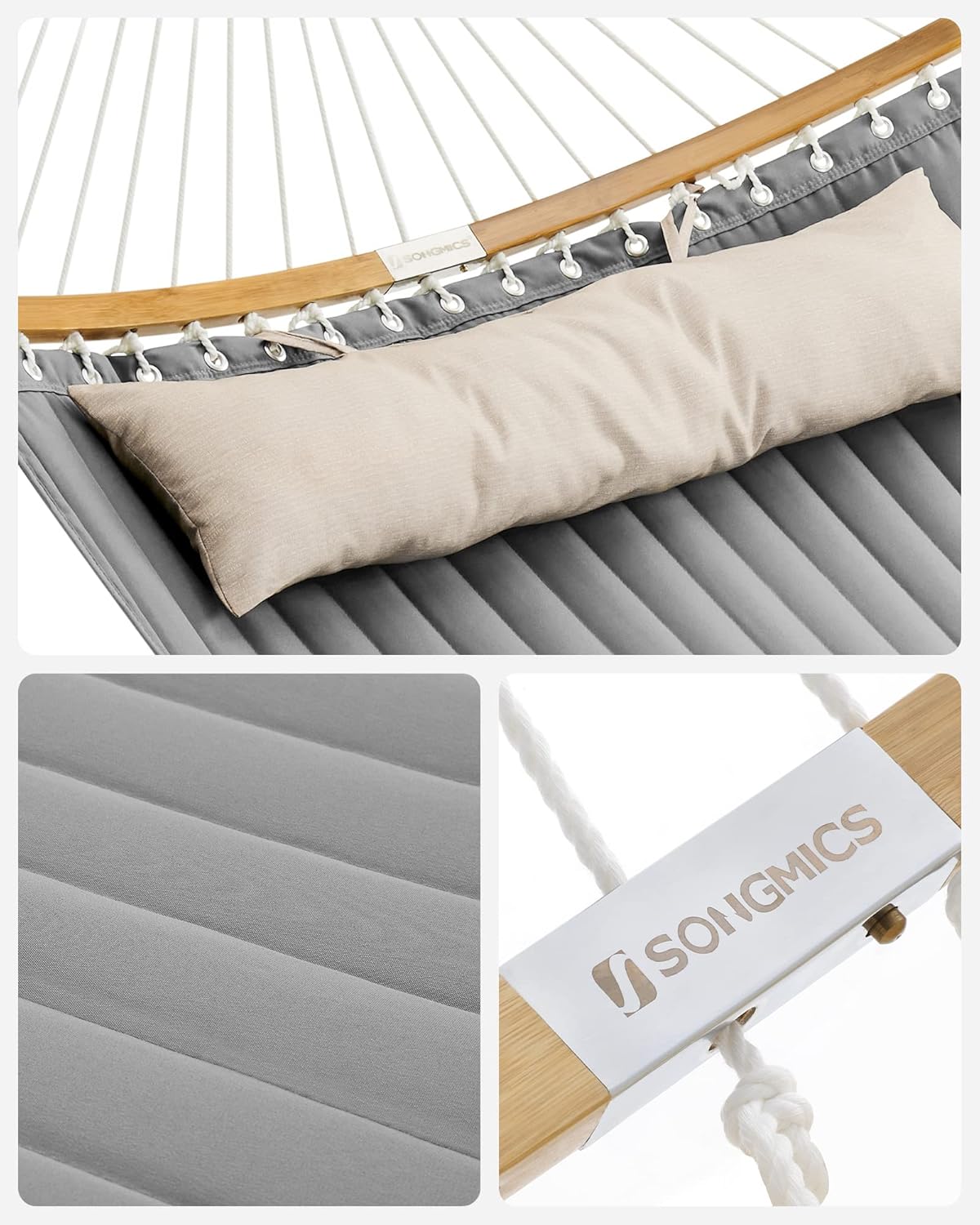 SONGMICS Kétszemélyes függőágy ívelt bambusz merevítőrudakkal, párnával, legfeljebb 225 kg teherbírással, 200 × 140 cm, szürke - Image 3